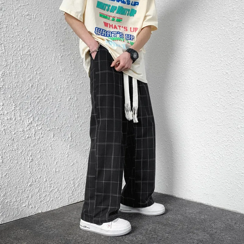 Men Plaid Pants Thin Wide Casual Long Trousers Streetwear