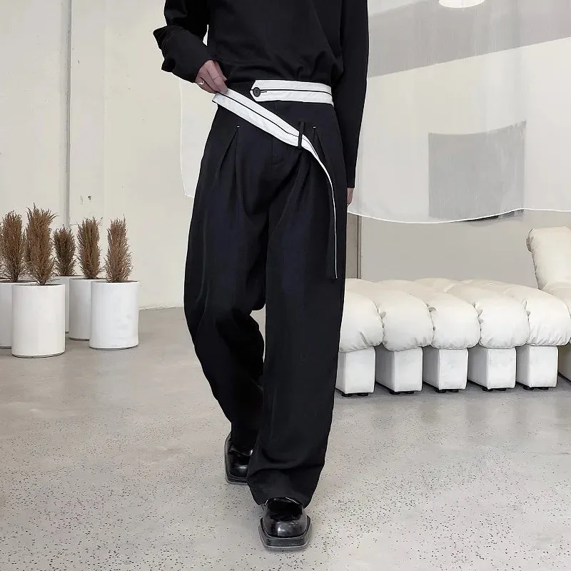 Men Suit Pants Casual Korean Style Contrast Color Belt Design Simple Fashion Wide Legs Male Trousers Stylish C5708