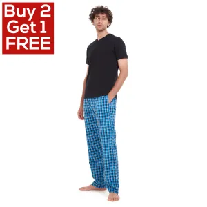 Men summer pajama set Black T-shirt   Blue x Black Checkered pants