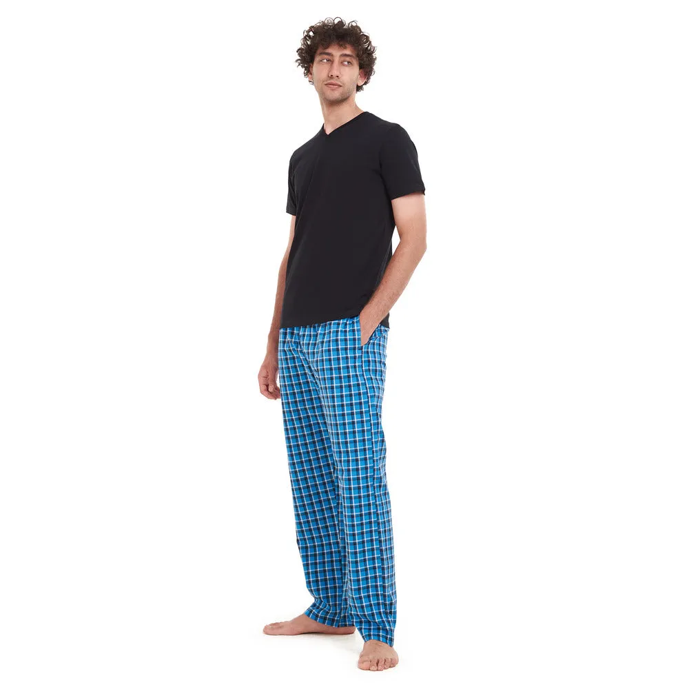 Men summer pajama set Black T-shirt   Blue x Black Checkered pants