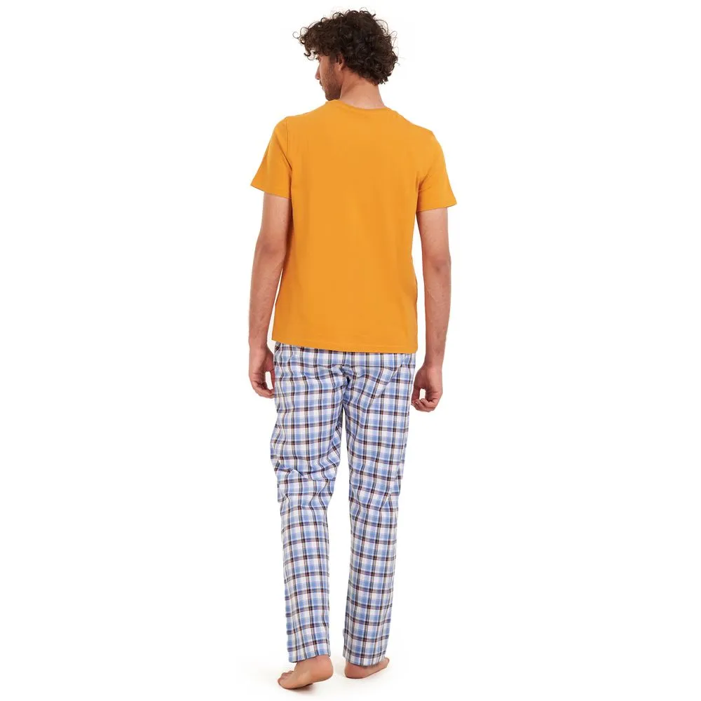 Men summer pajama set Mustard t-shirt   Dark blue x white checkered Pants