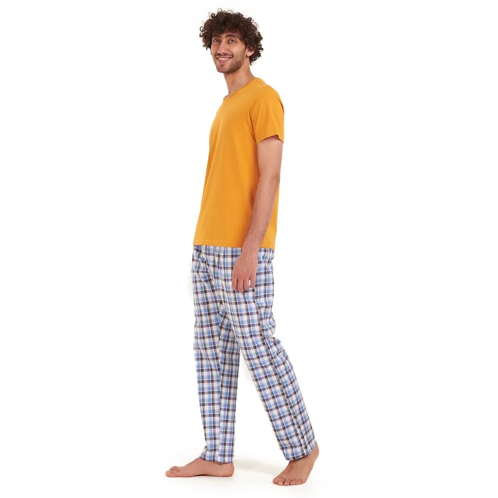 Men summer pajama set Mustard t-shirt   Dark blue x white checkered Pants