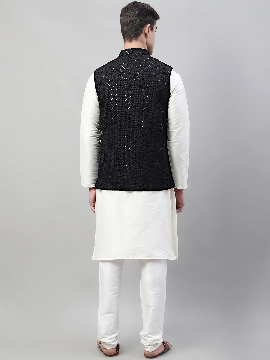 Men White Solid Kurta Pyjama with  Black Embroidered Nehru Jacket