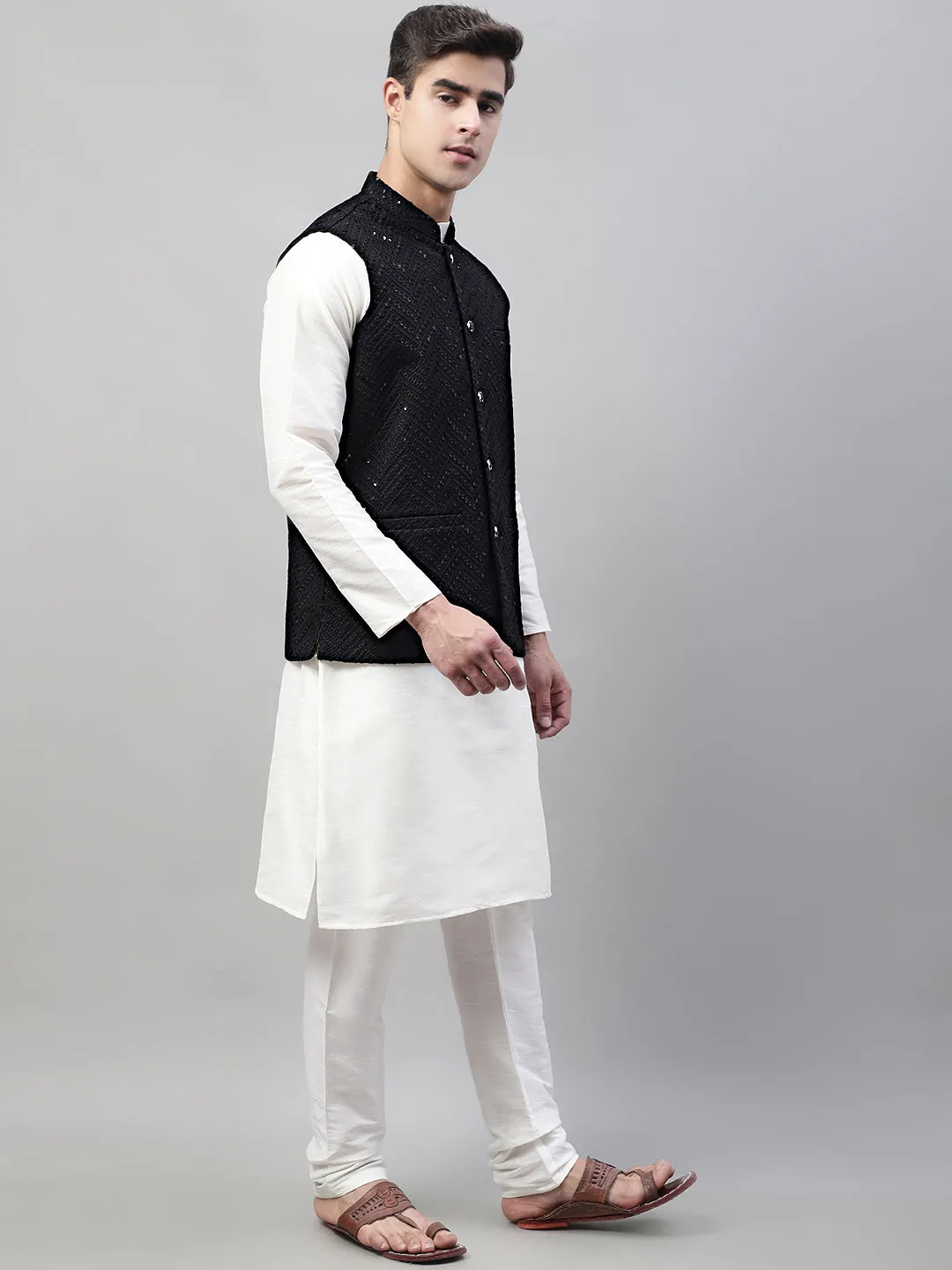 Men White Solid Kurta Pyjama with  Black Embroidered Nehru Jacket