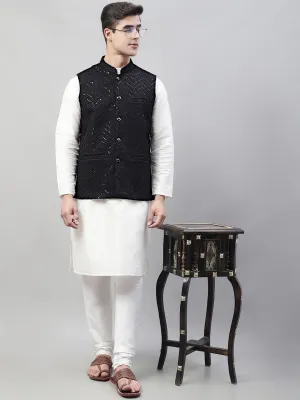 Men White Solid Kurta Pyjama with  Black Embroidered Nehru Jacket