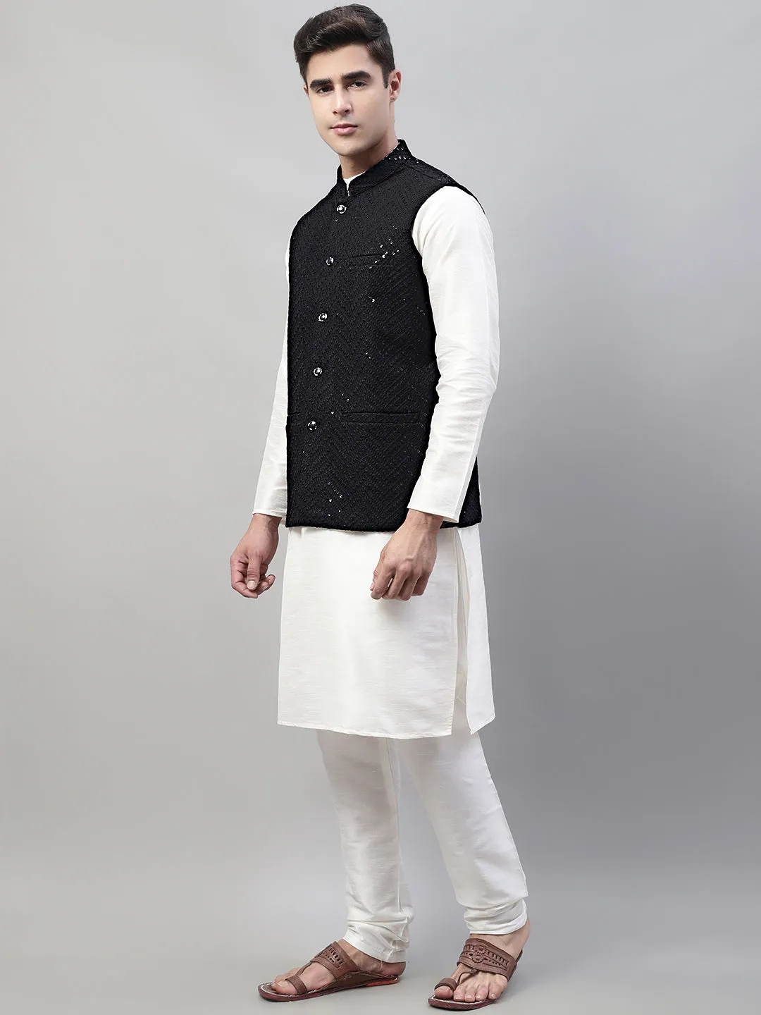 Men White Solid Kurta Pyjama with  Black Embroidered Nehru Jacket