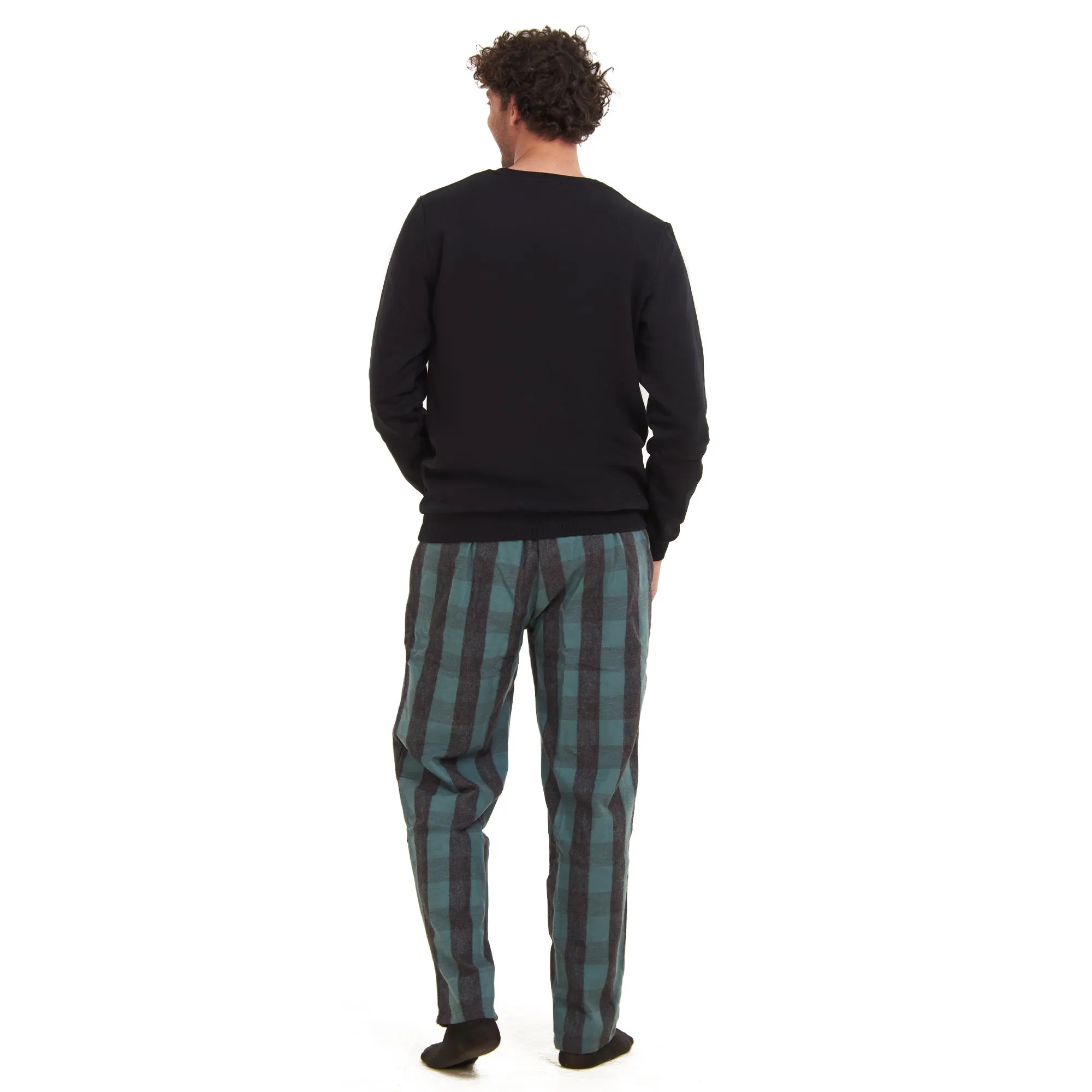 Men Winter Pajama Set Black Sweatshirt   Black x Dark Green Checkered Pants