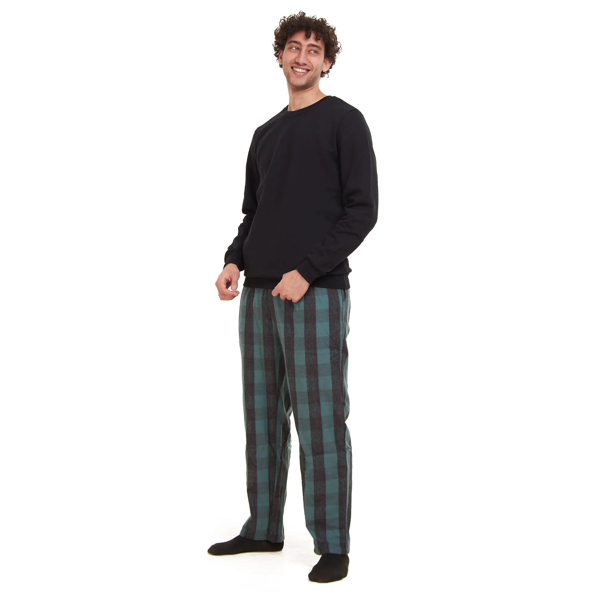 Men Winter Pajama Set Black Sweatshirt   Black x Dark Green Checkered Pants