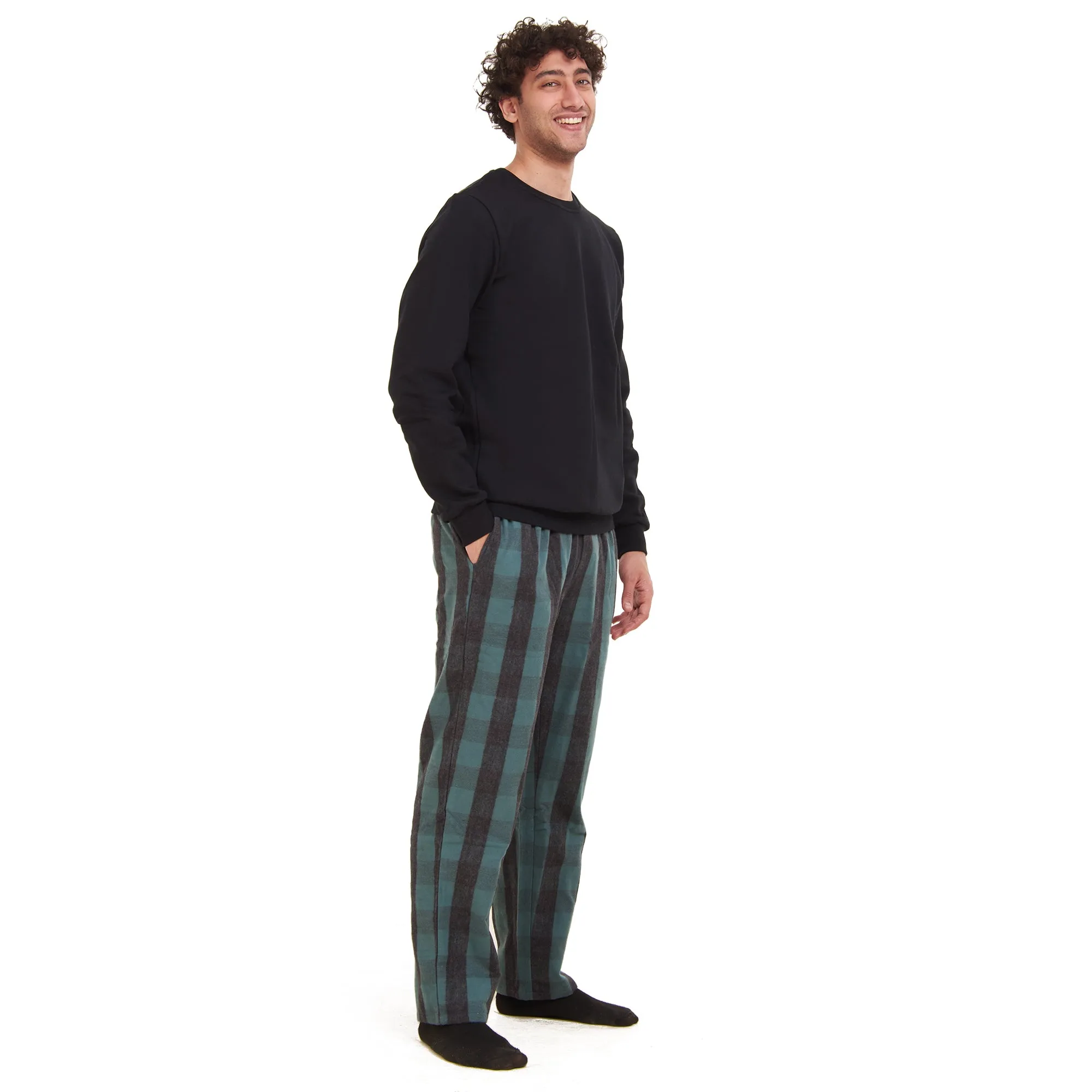 Men Winter Pajama Set Black Sweatshirt   Black x Dark Green Checkered Pants