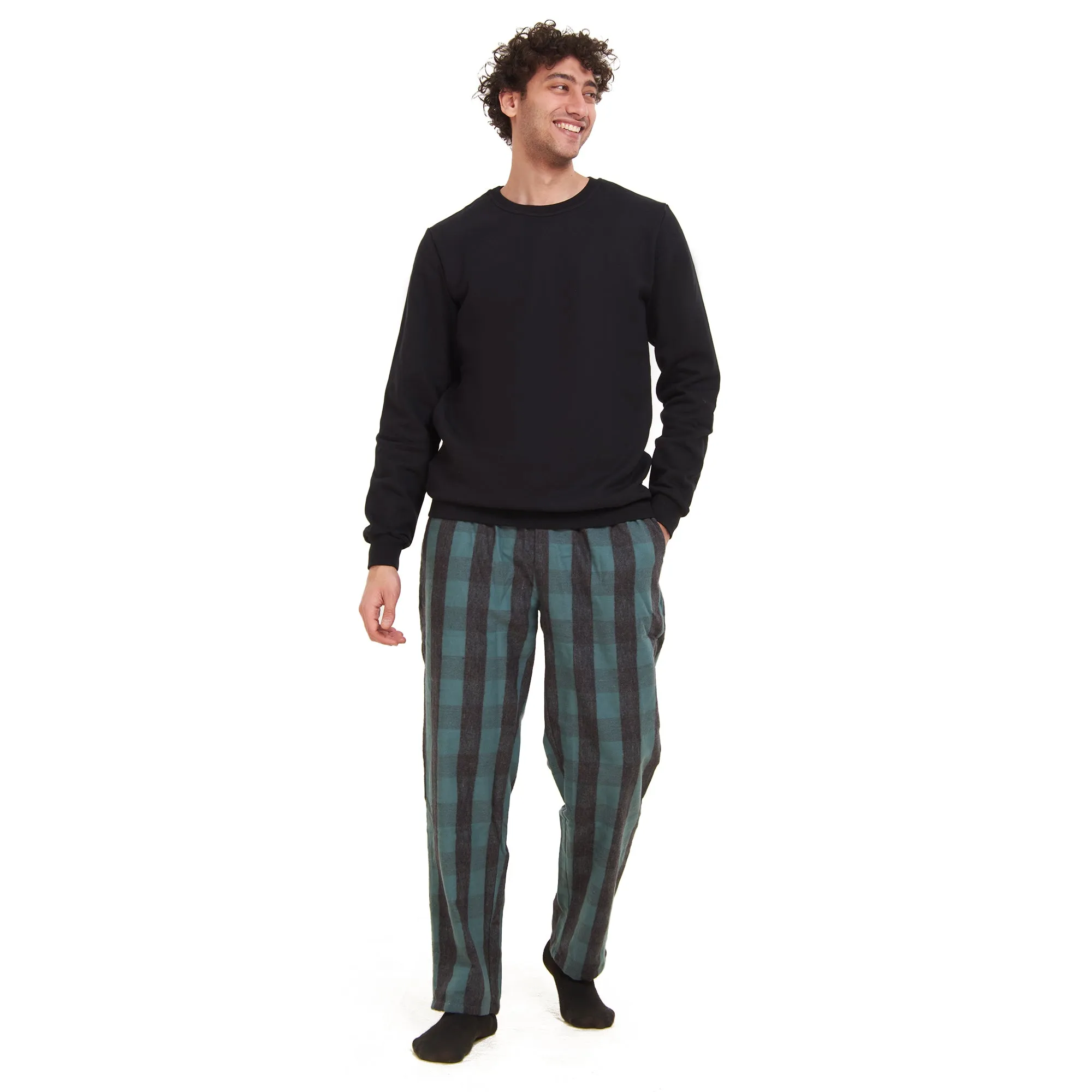 Men Winter Pajama Set Black Sweatshirt   Black x Dark Green Checkered Pants