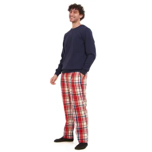 Men Winter Pajama Set Dark Blue Sweatshirt   Red x Dark Blue Checkered Pants