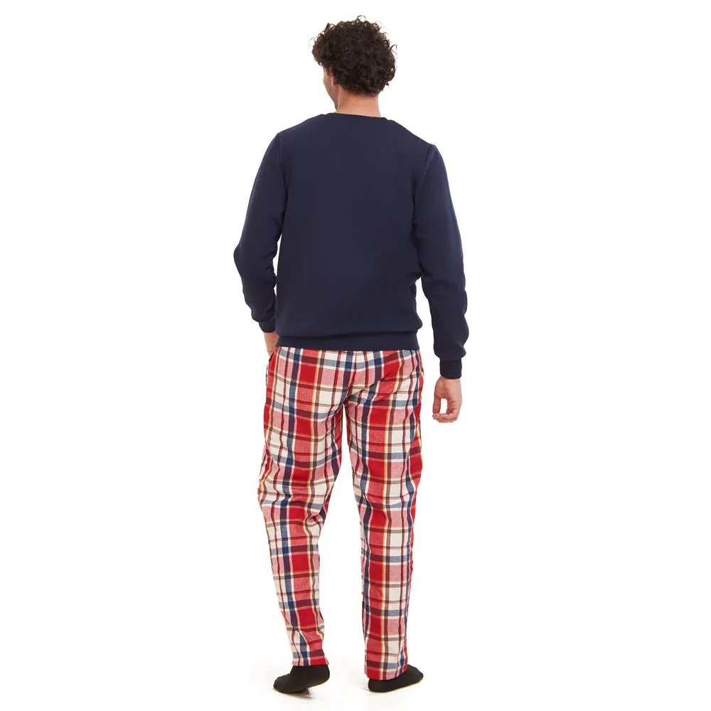 Men Winter Pajama Set Dark Blue Sweatshirt   Red x Dark Blue Checkered Pants