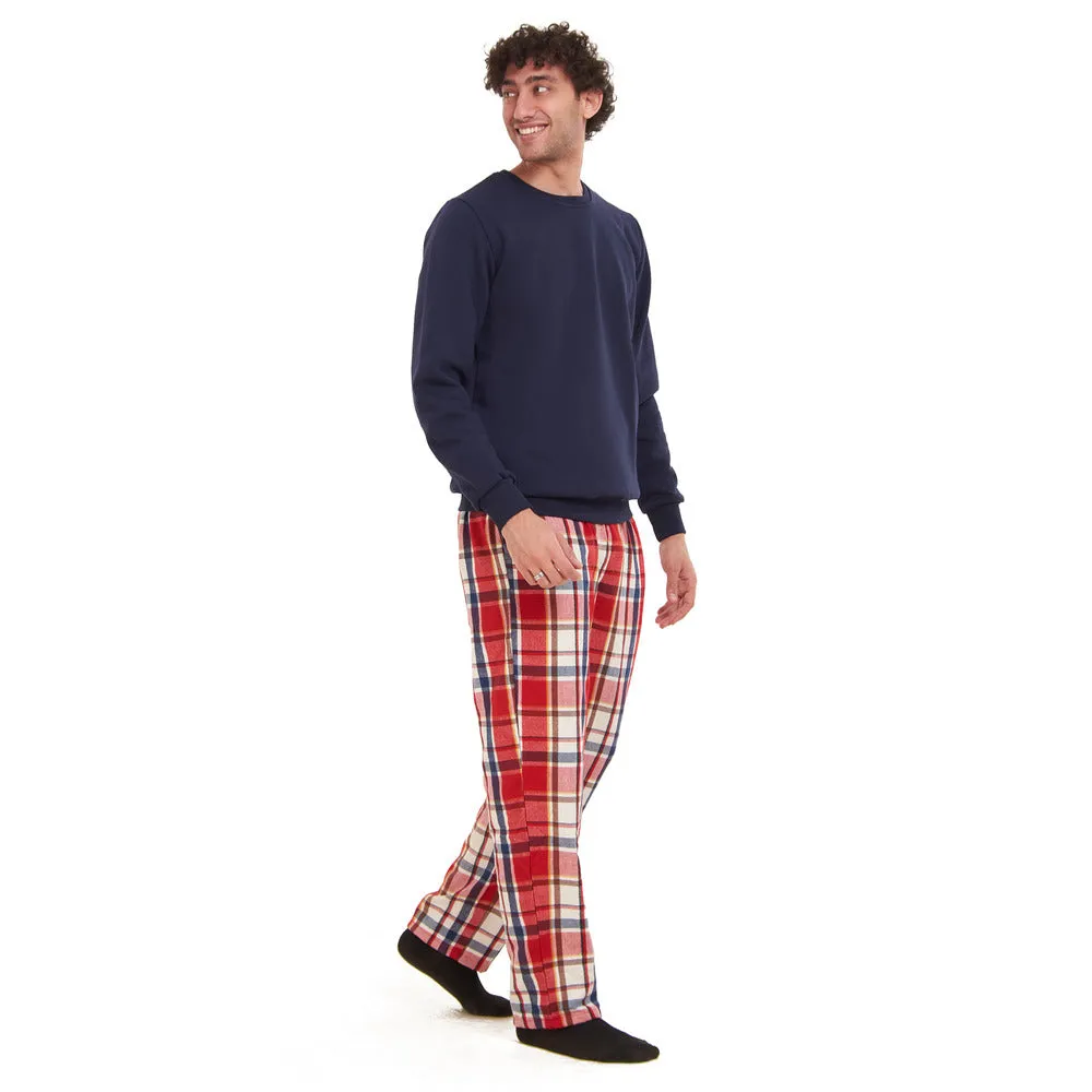 Men Winter Pajama Set Dark Blue Sweatshirt   Red x Dark Blue Checkered Pants