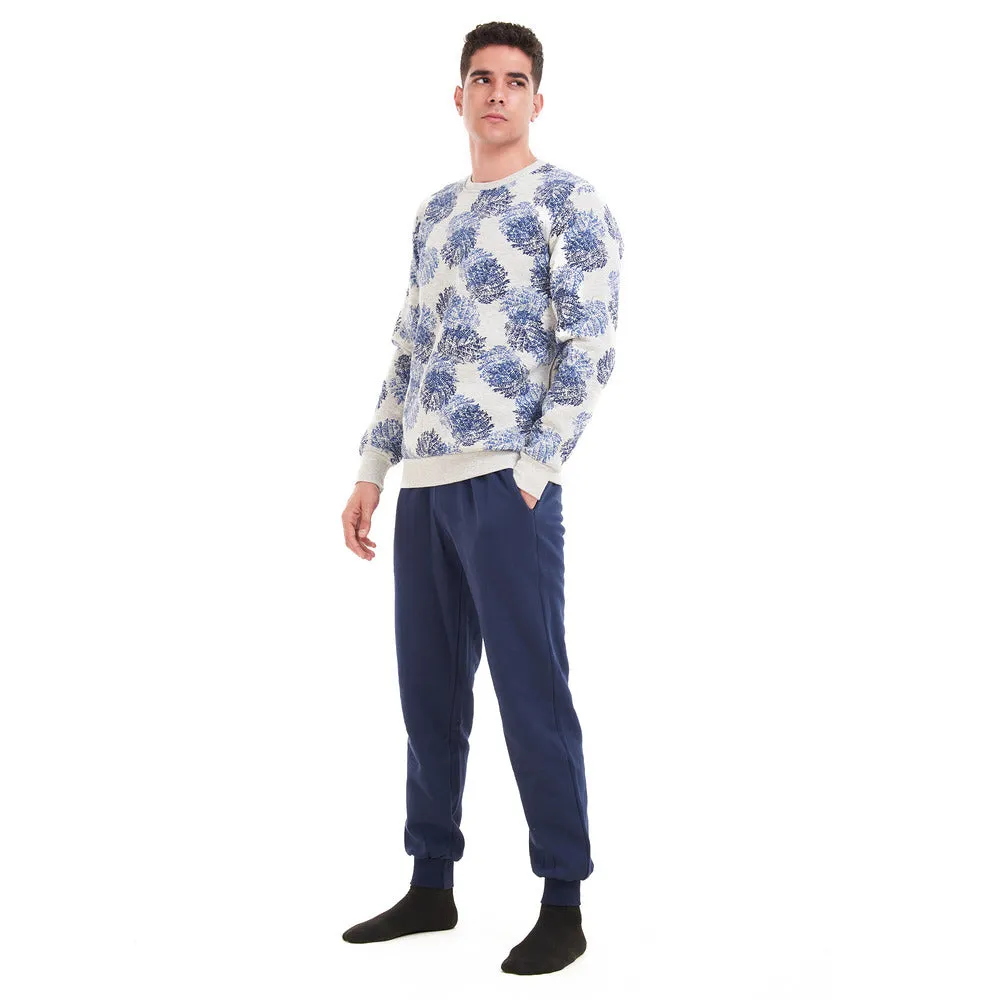 Men Winter Pajama Set Grey with Dark blue leaves sweatshirt   Dark blue Pants