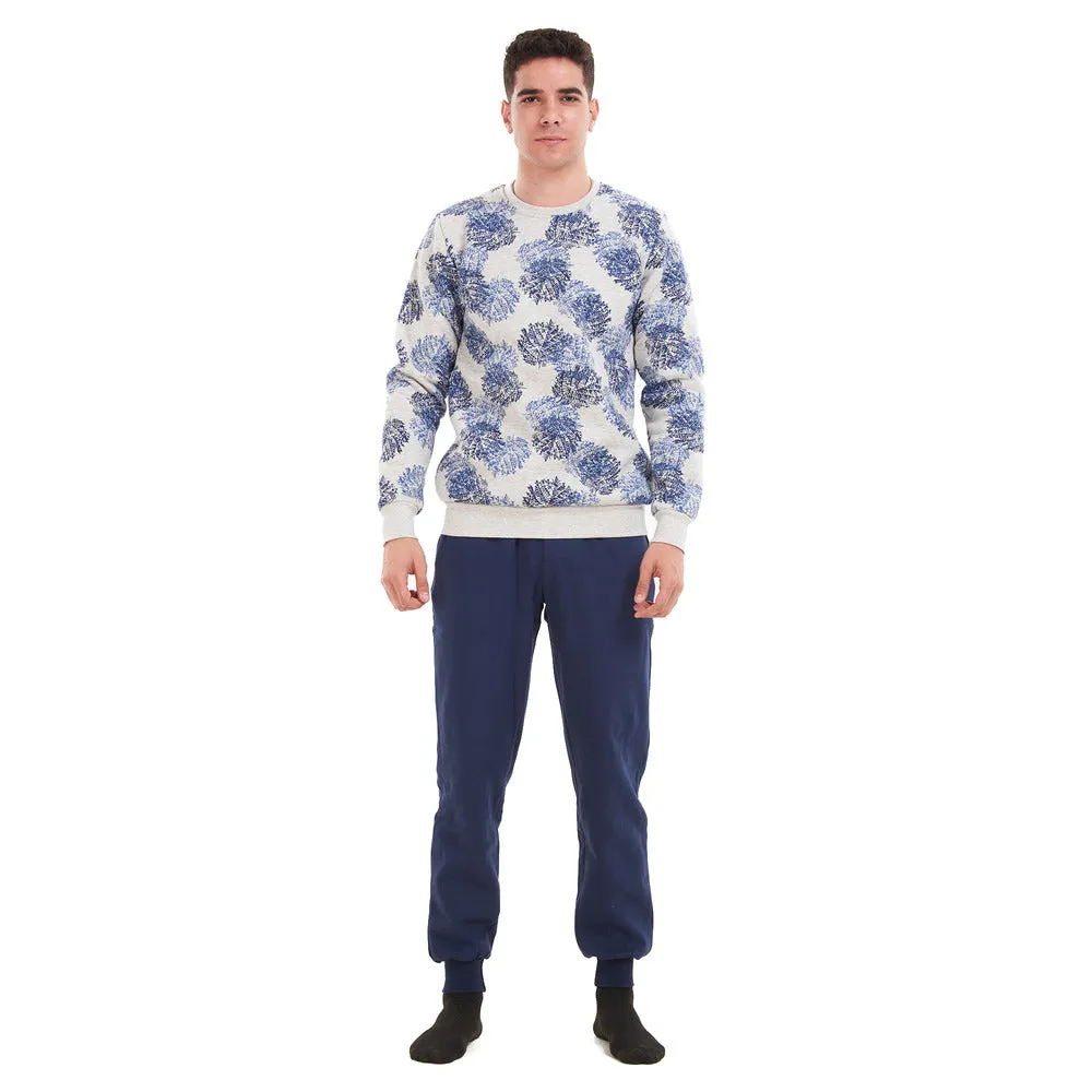 Men Winter Pajama Set Grey with Dark blue leaves sweatshirt   Dark blue Pants