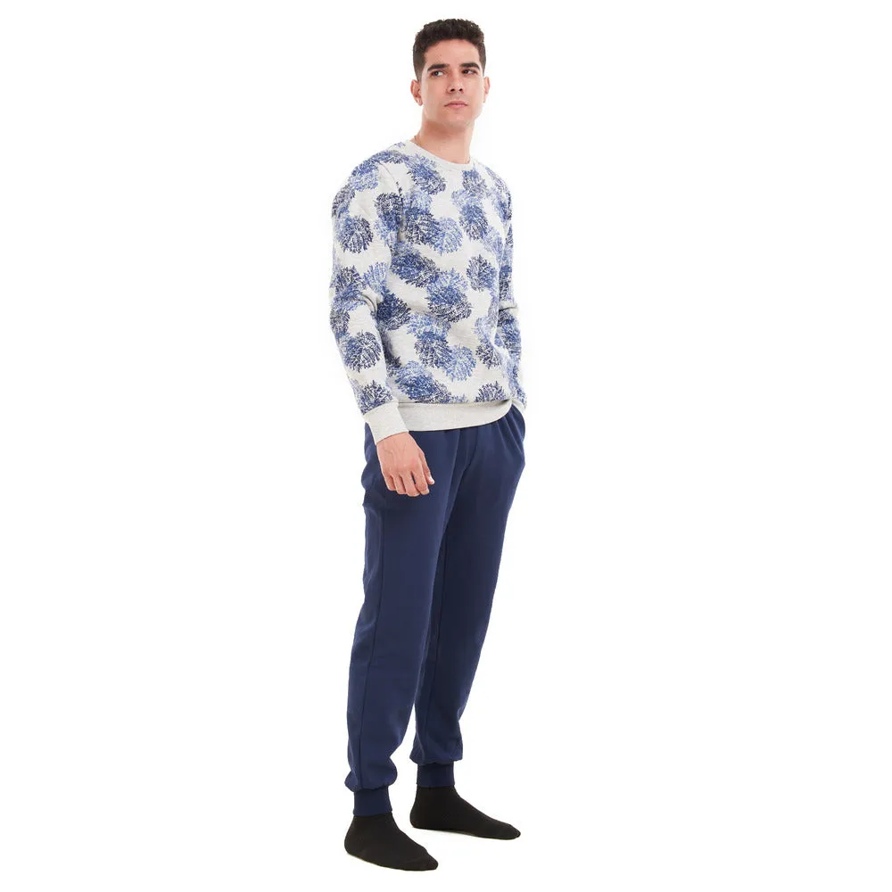 Men Winter Pajama Set Grey with Dark blue leaves sweatshirt   Dark blue Pants