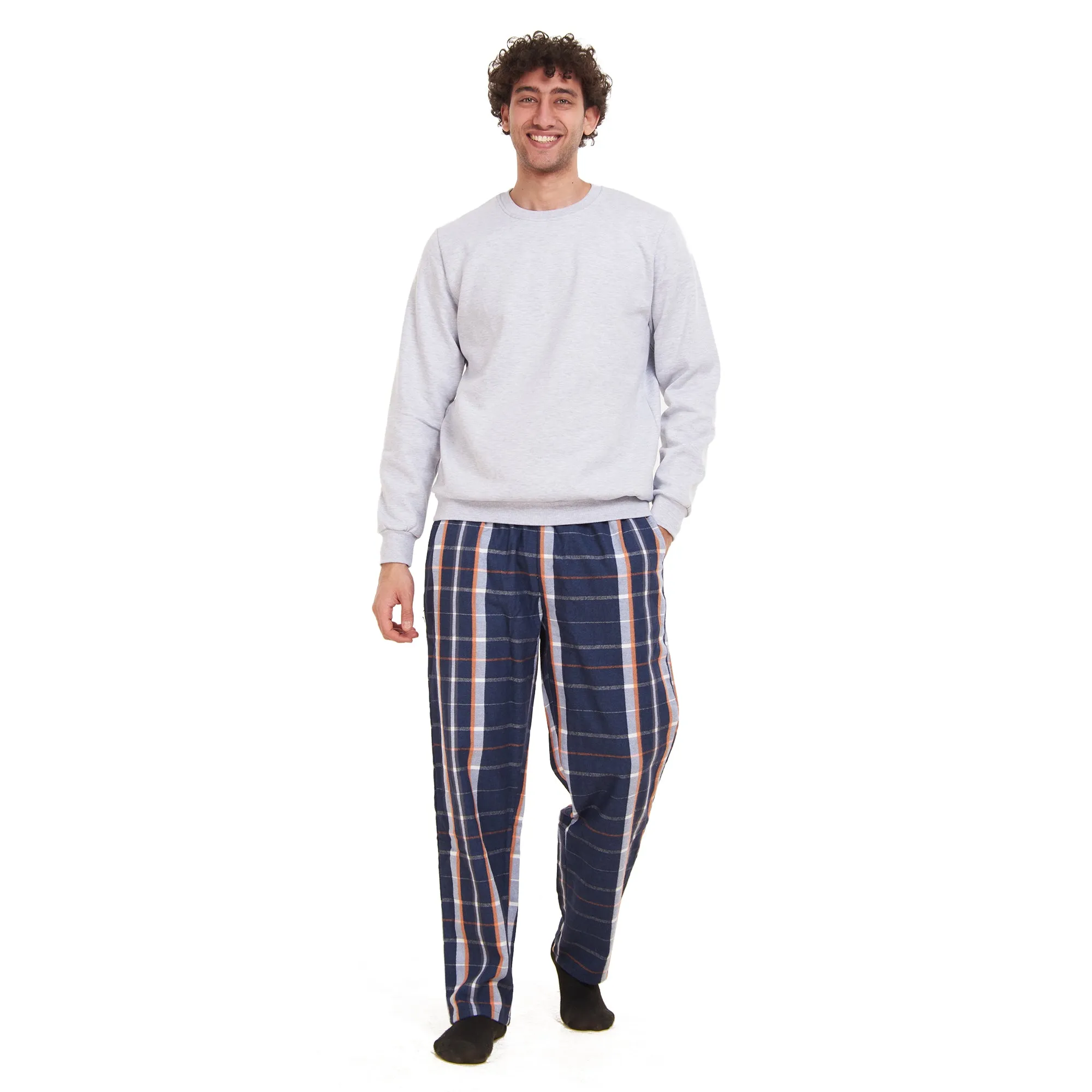 Men Winter Pajama Set Light Grey Sweatshirt   White x Dark Blue  Checkered Pants