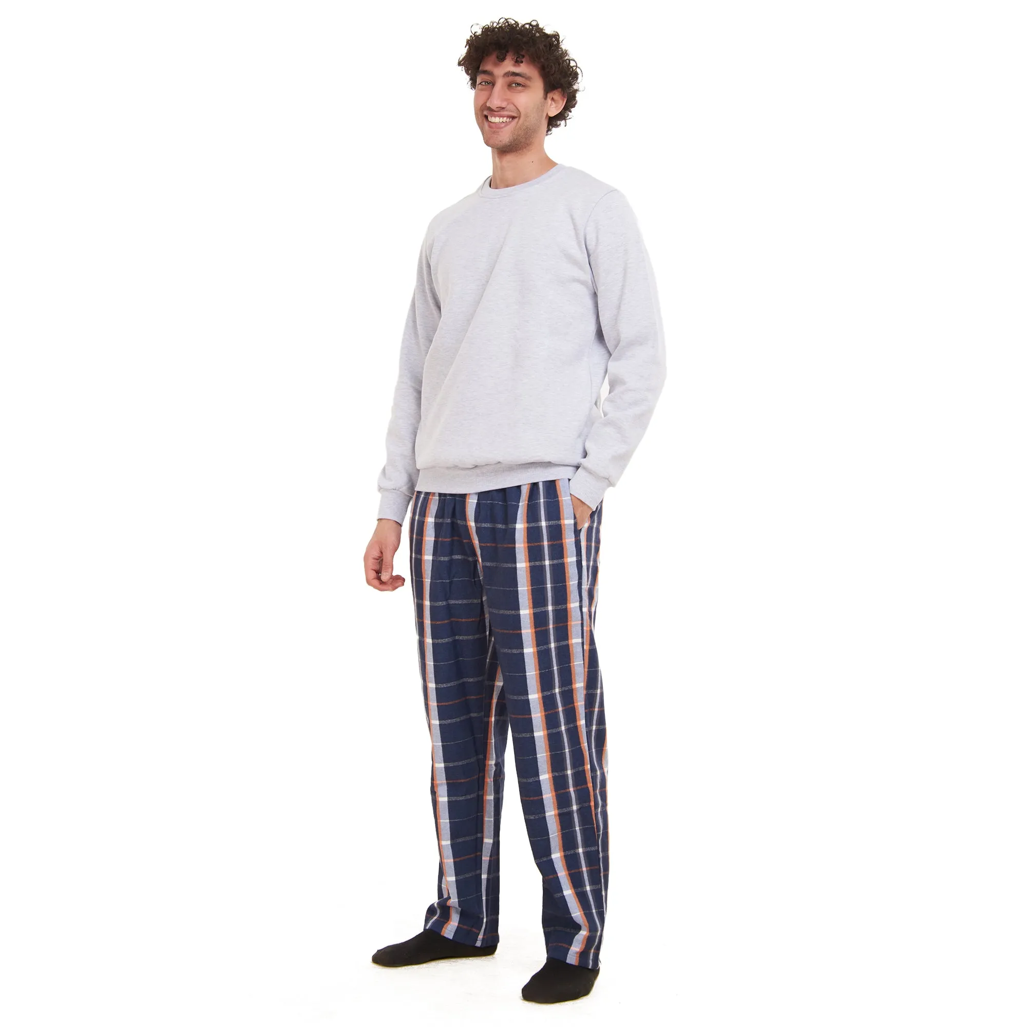 Men Winter Pajama Set Light Grey Sweatshirt   White x Dark Blue  Checkered Pants