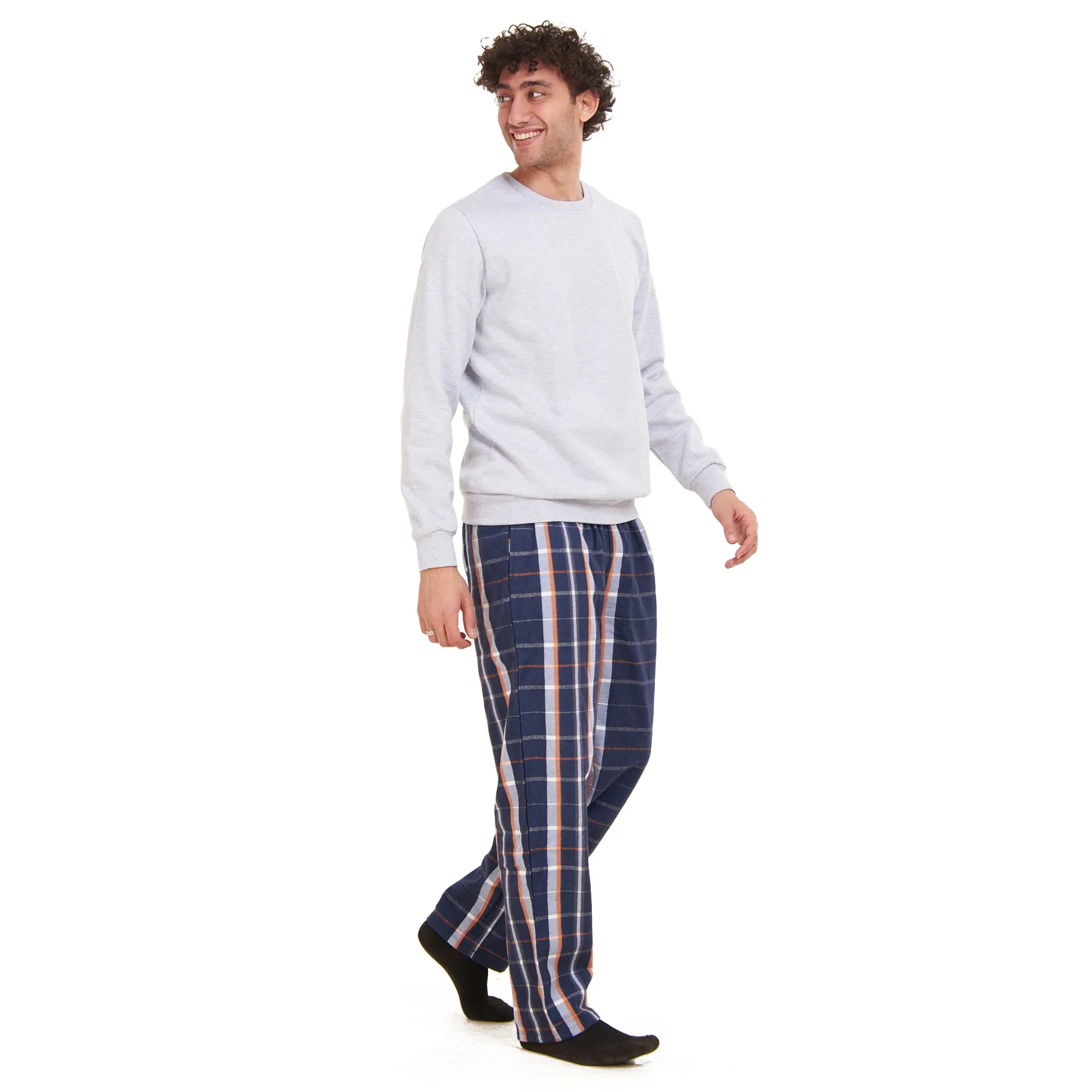 Men Winter Pajama Set Light Grey Sweatshirt   White x Dark Blue  Checkered Pants