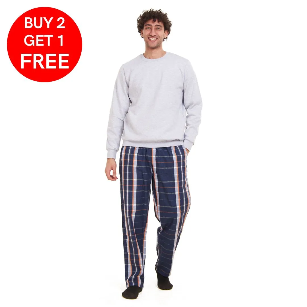 Men Winter Pajama Set Light Grey Sweatshirt   White x Dark Blue  Checkered Pants