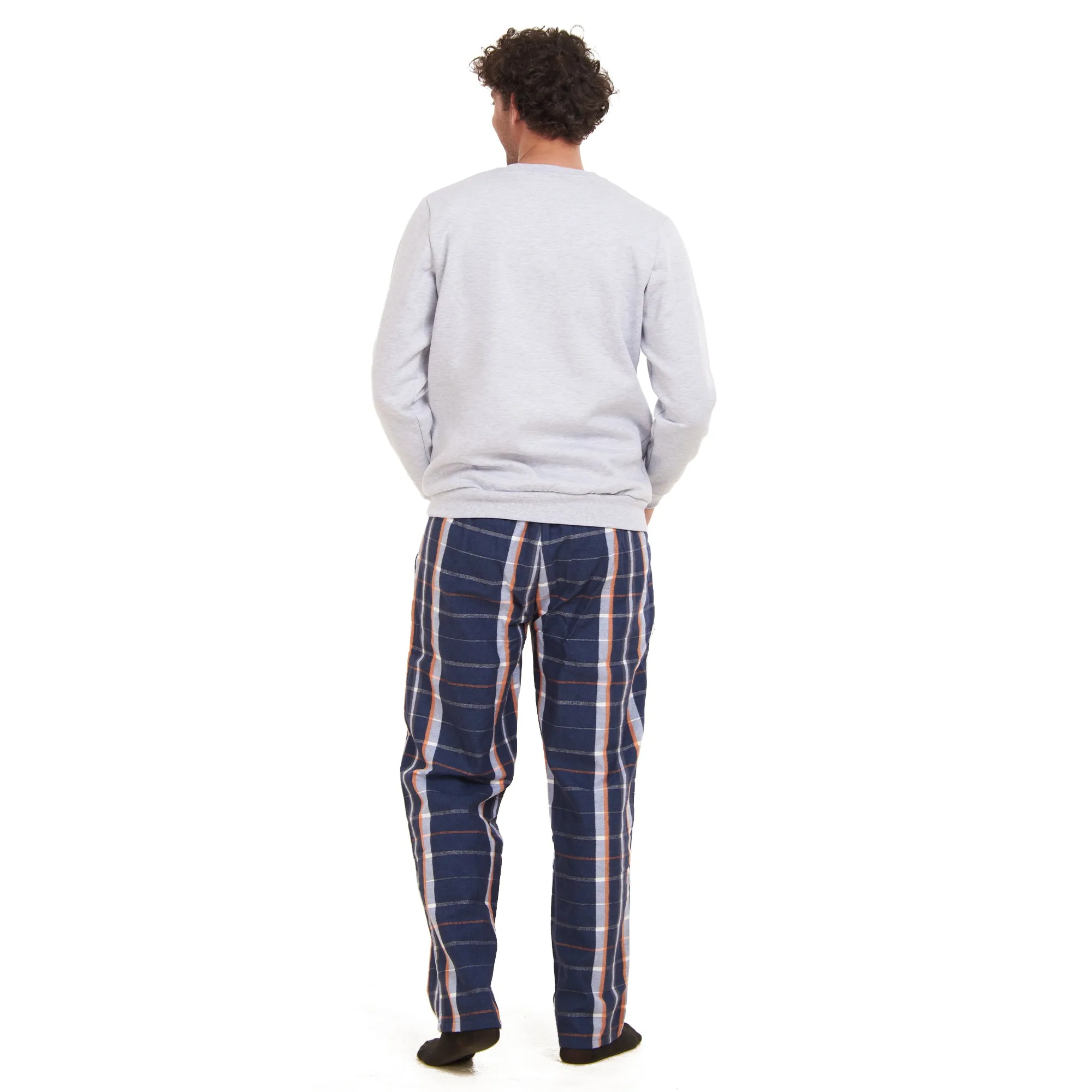 Men Winter Pajama Set Light Grey Sweatshirt   White x Dark Blue  Checkered Pants