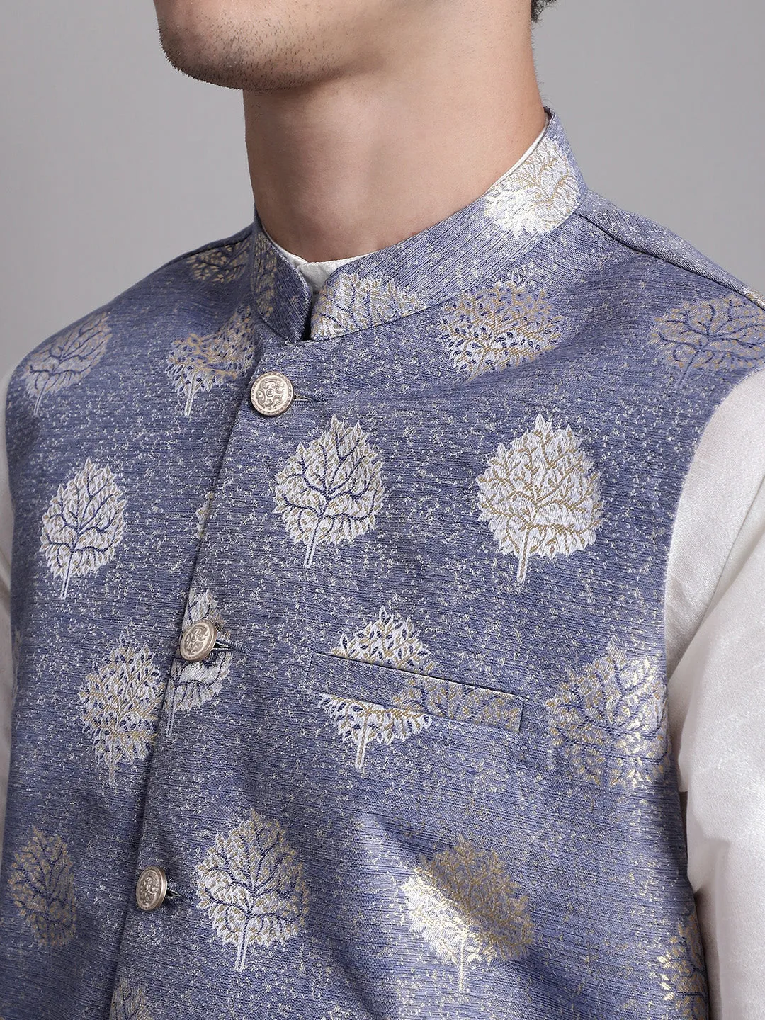 Men'S Blue And Golden Printed Nehru Jacket