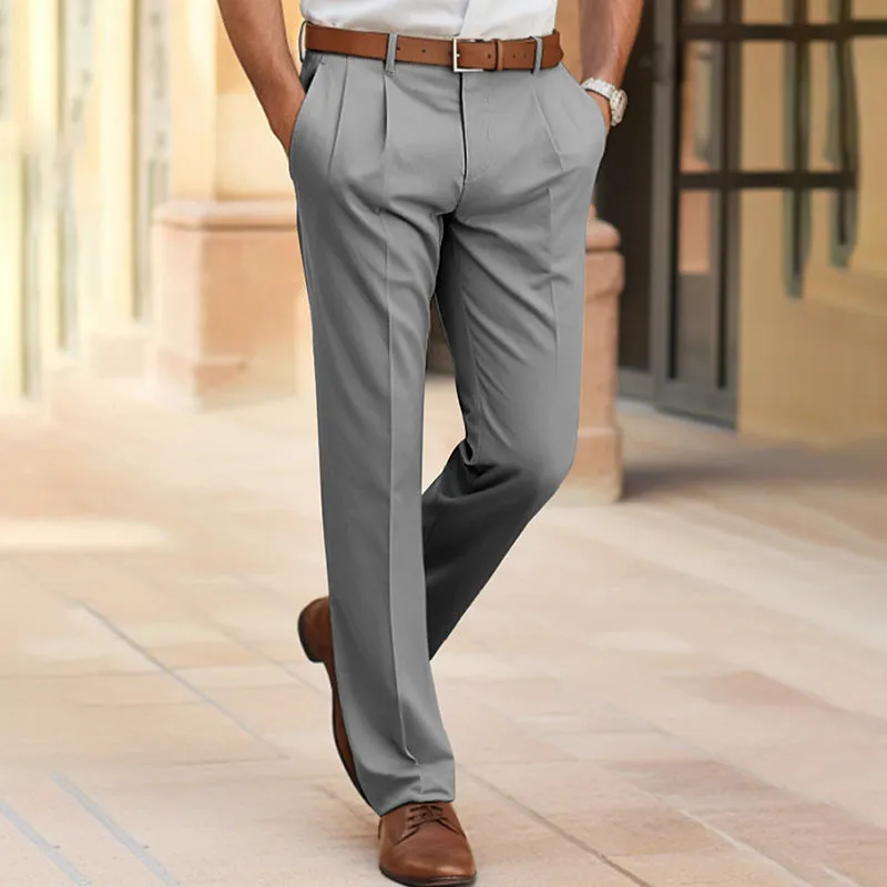 Men's Casual Suit Pants Mid Waist Straight Long Pants For Office Business Formal