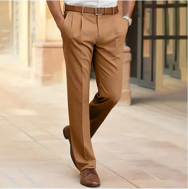 Men's Casual Suit Pants Mid Waist Straight Long Pants For Office Business Formal