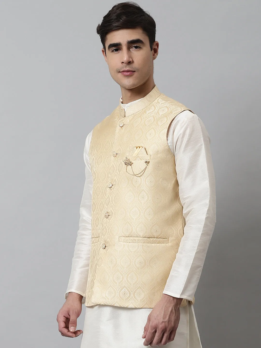 Men'S Golden Woven Design Waistcoats