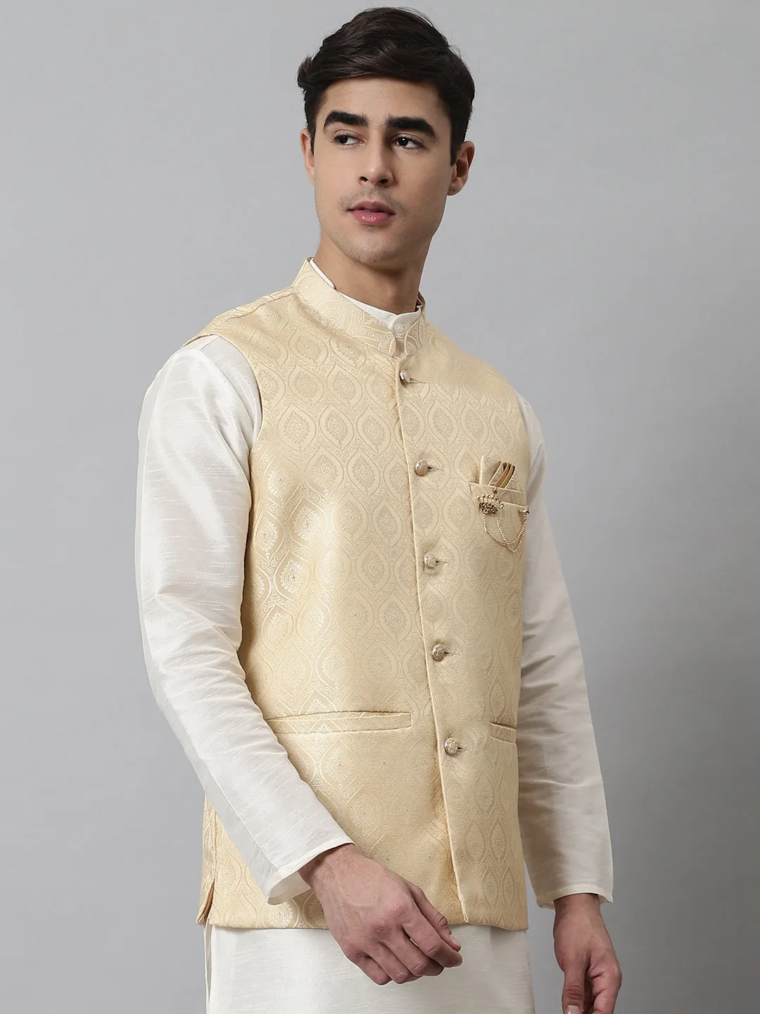 Men'S Golden Woven Design Waistcoats