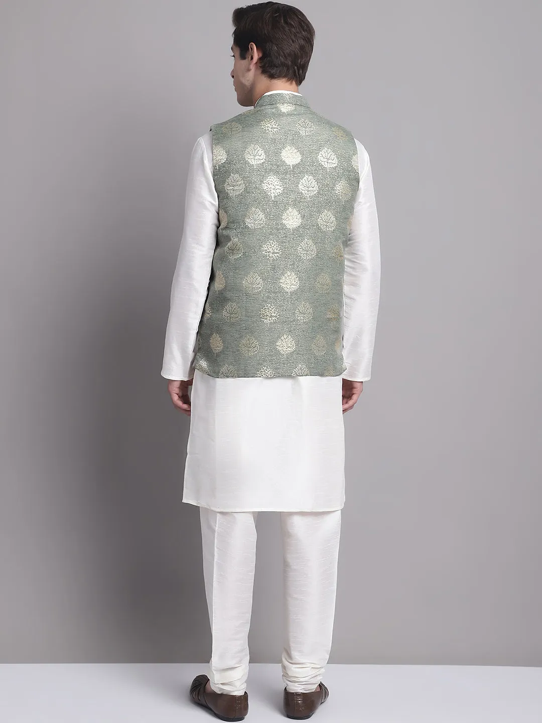 Men's Green Printed Nehru Jacket With Solid Kurta Pyjama.