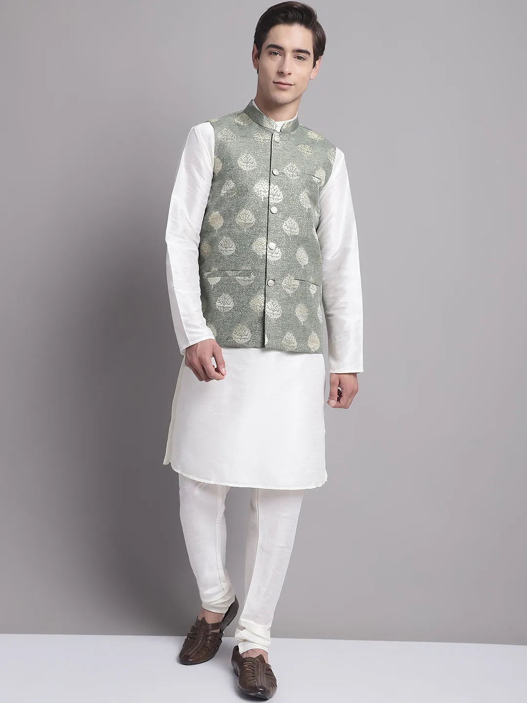 Men's Green Printed Nehru Jacket With Solid Kurta Pyjama.