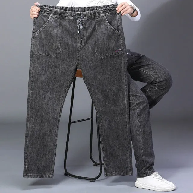 Men's High Waist Jeans Straight Large Size Dinem Trouser Male Black Jeans Side Multi Pocket Blue Loose Elastic Band Cargo Pants