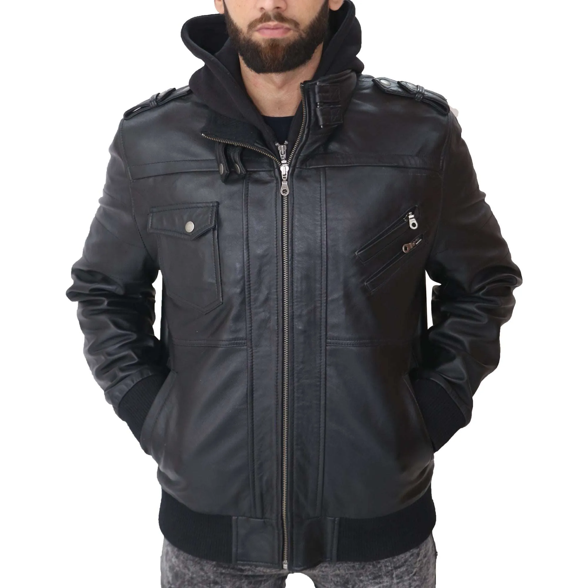 Men's Removable Hood Leather Jacket