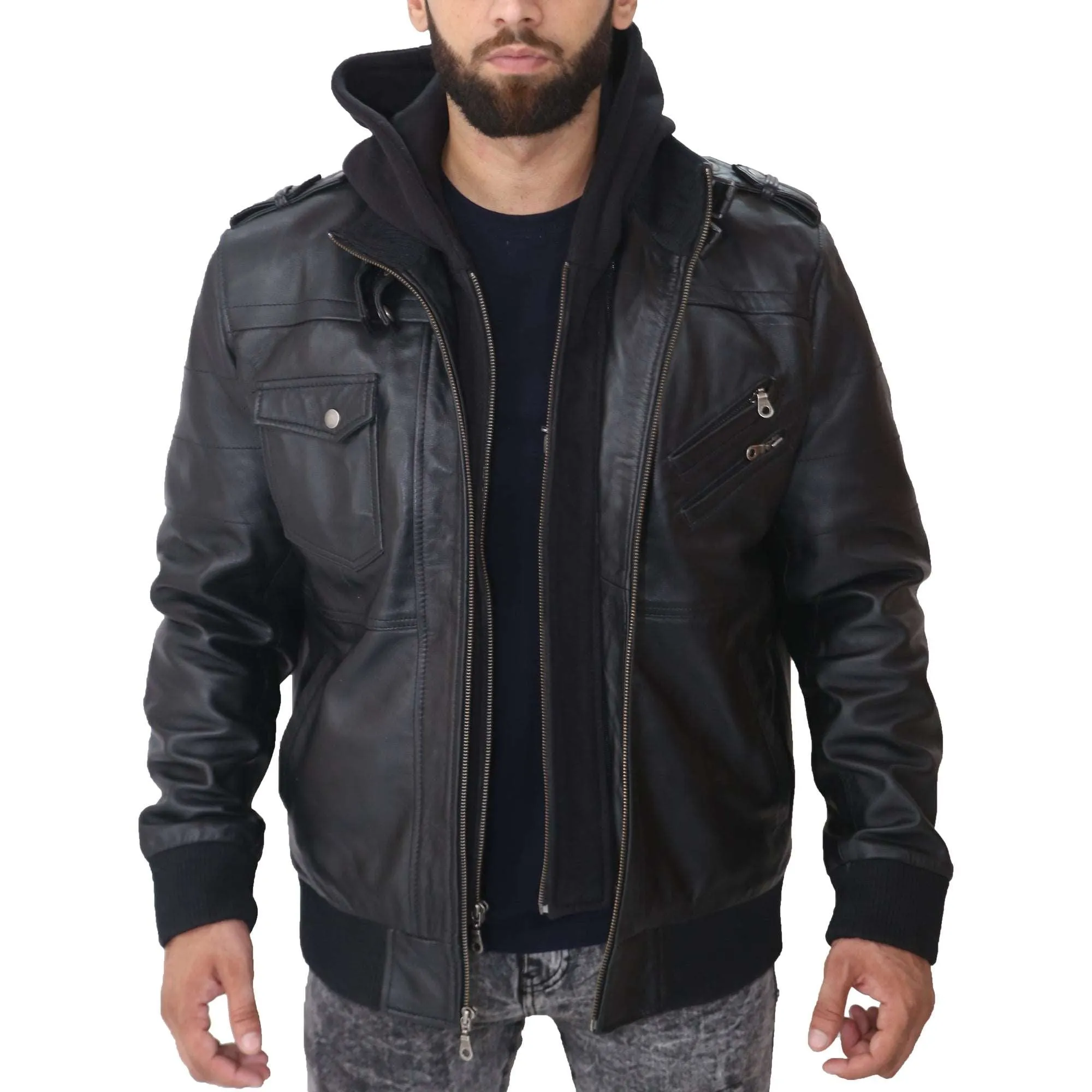 Men's Removable Hood Leather Jacket