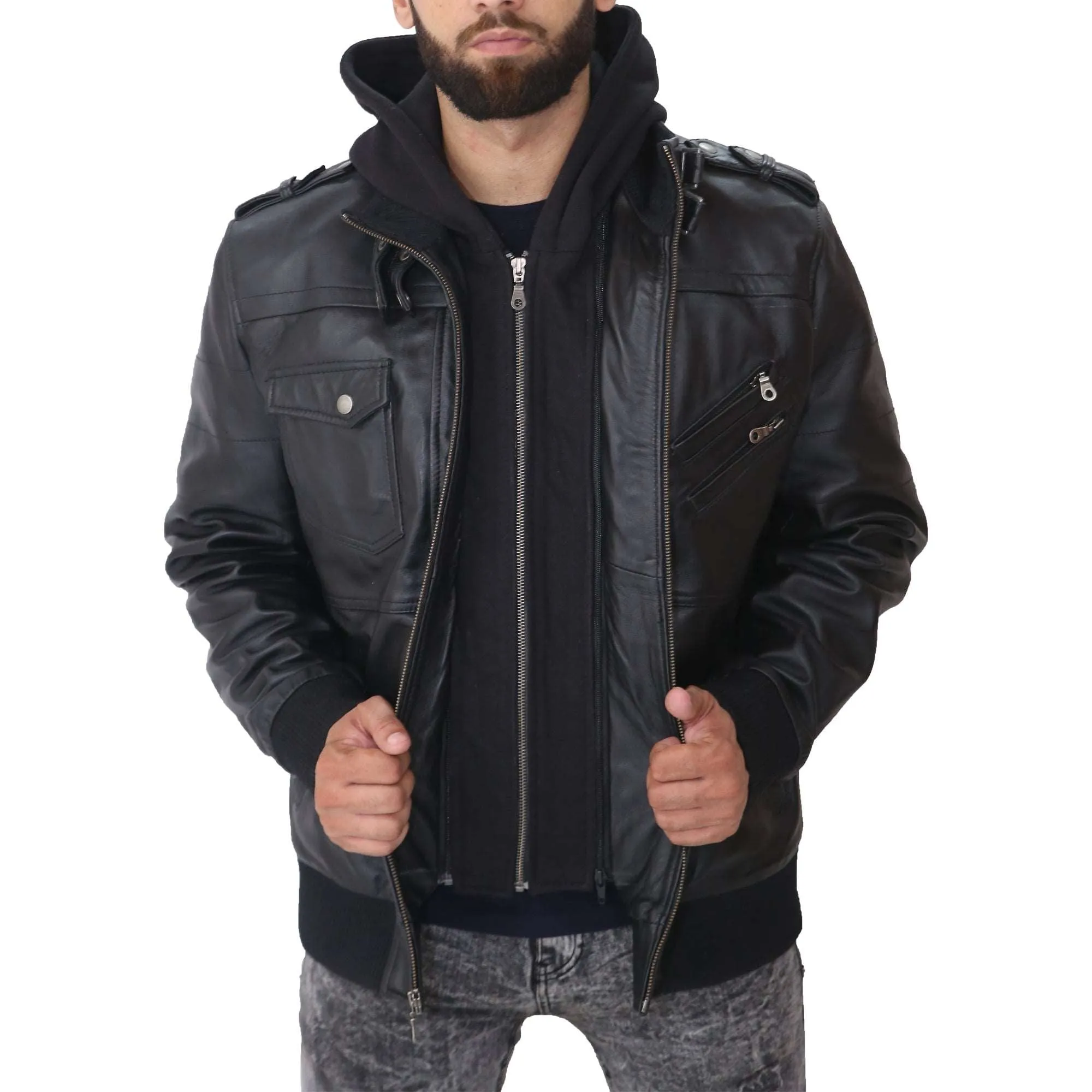 Men's Removable Hood Leather Jacket