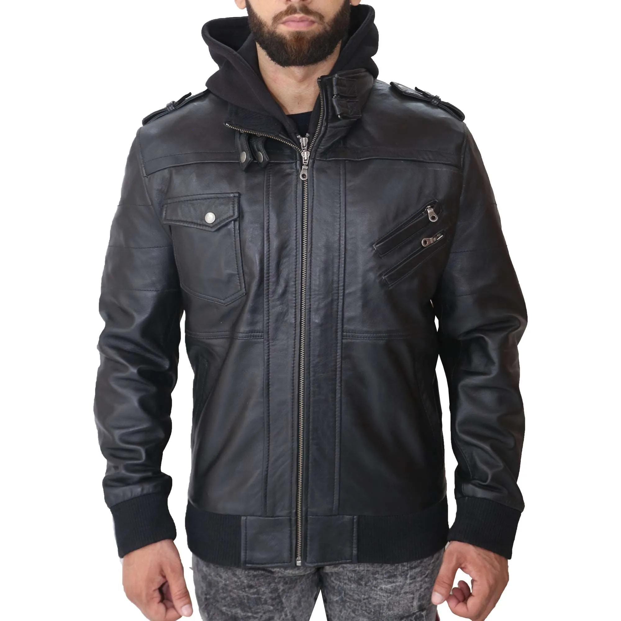 Men's Removable Hood Leather Jacket