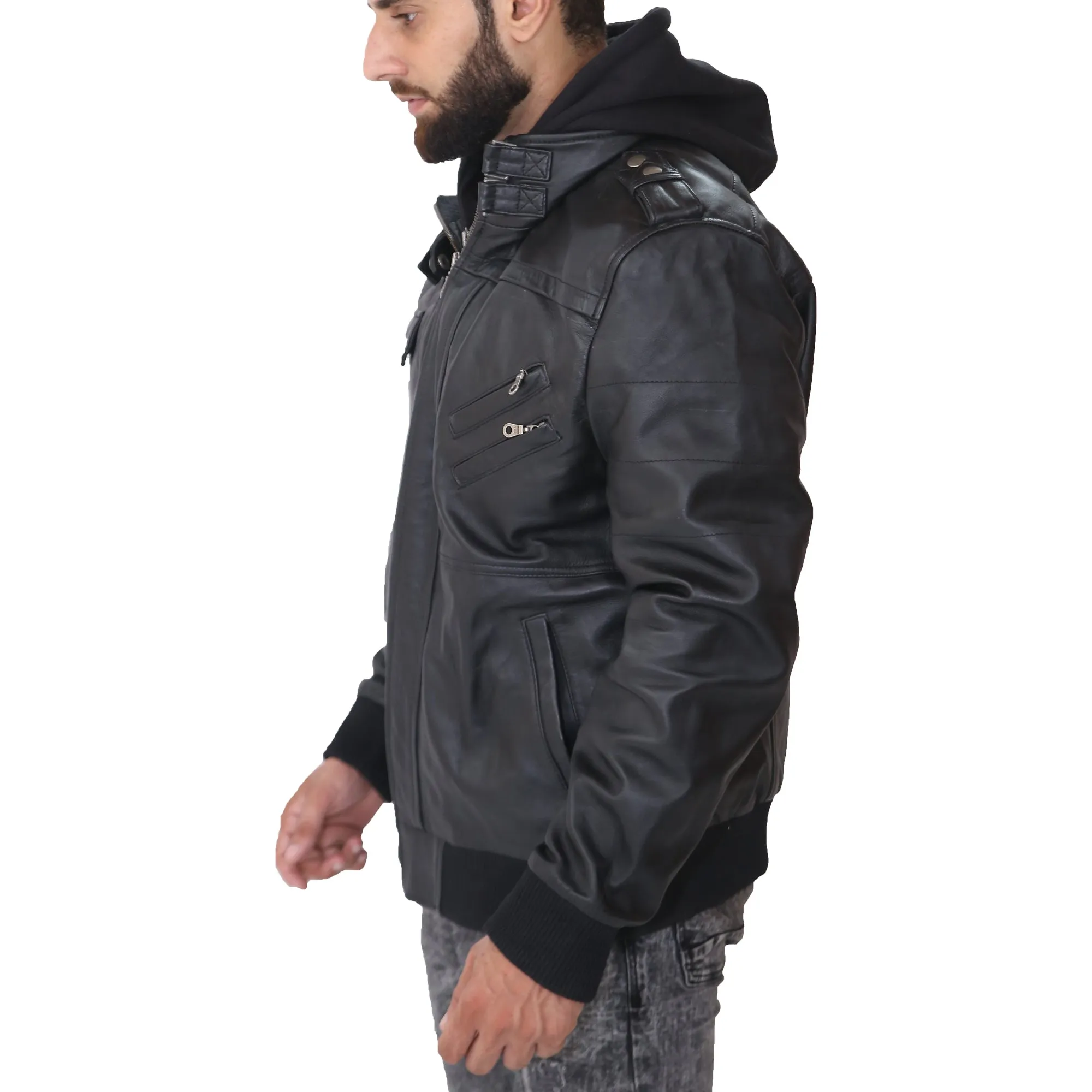 Men's Removable Hood Leather Jacket