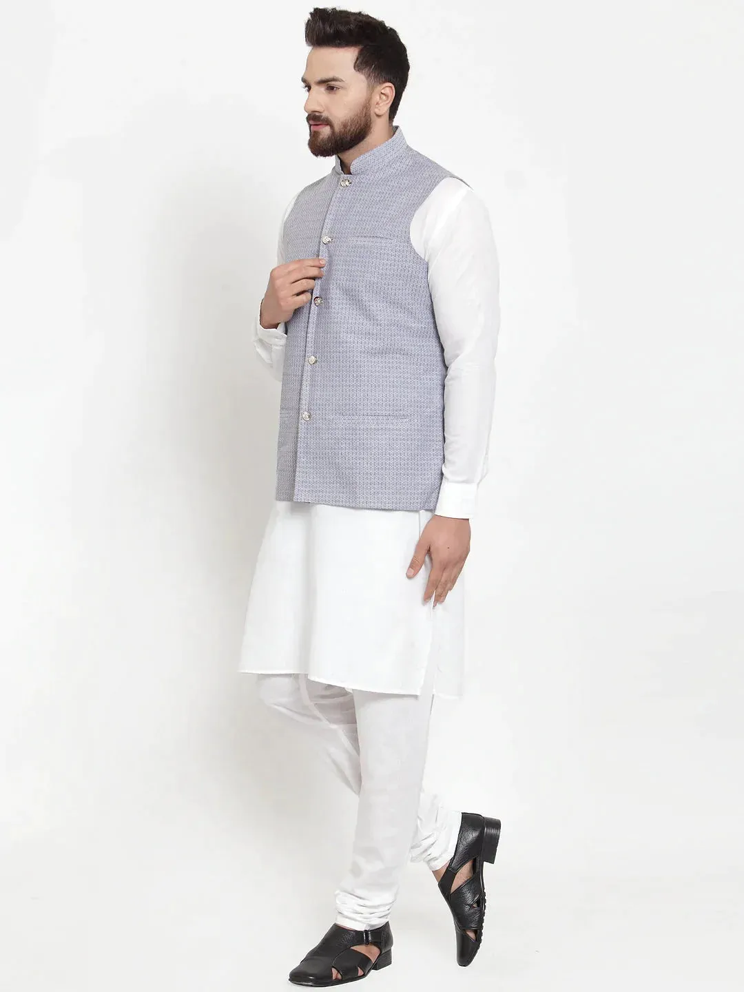 Men'S Solid Cotton Kurta Pajama With Woven Jacquard Waistcoat