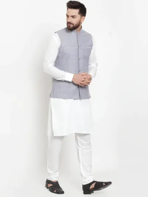 Men'S Solid Cotton Kurta Pajama With Woven Jacquard Waistcoat