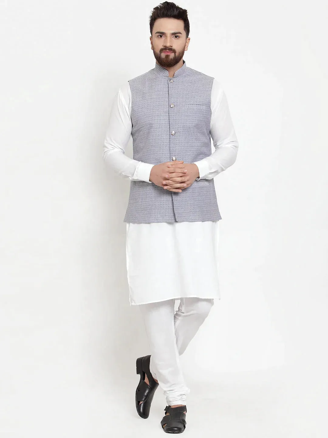 Men'S Solid Cotton Kurta Pajama With Woven Jacquard Waistcoat