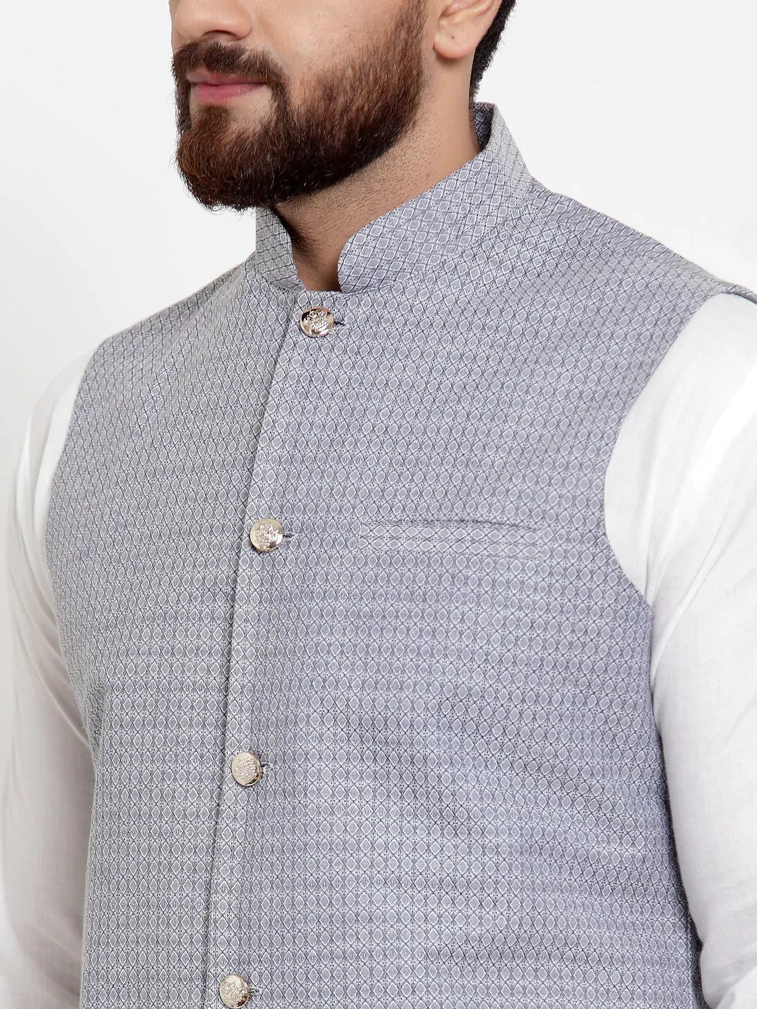 Men'S Solid Cotton Kurta Pajama With Woven Jacquard Waistcoat