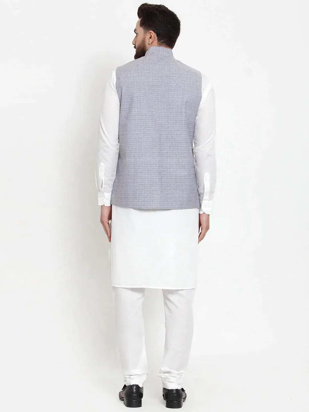 Men'S Solid Cotton Kurta Pajama With Woven Jacquard Waistcoat