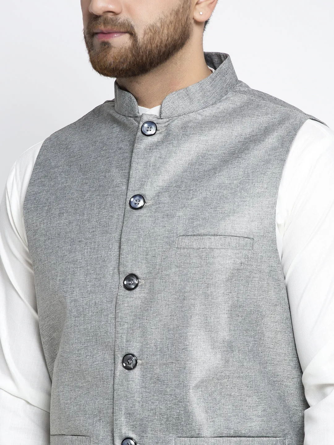 Men'S Solid White Cotton Kurta Payjama With Solid Grey Waistcoat