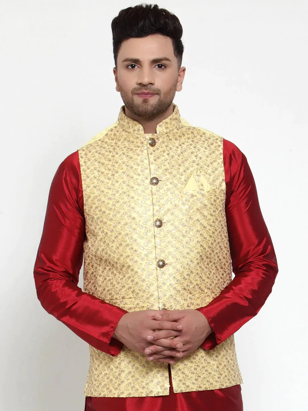 Men'S Yellow Embroidered Nehru Jacket