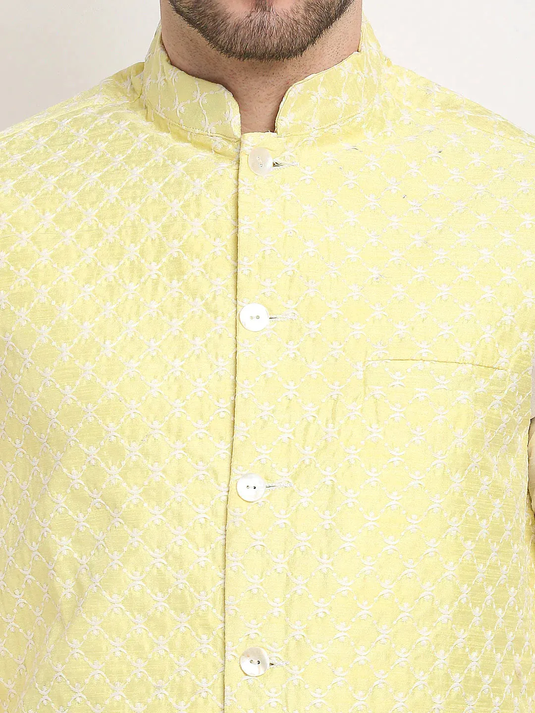 Men'S Yellow Yellow And White Embroidered Nehru Jacket