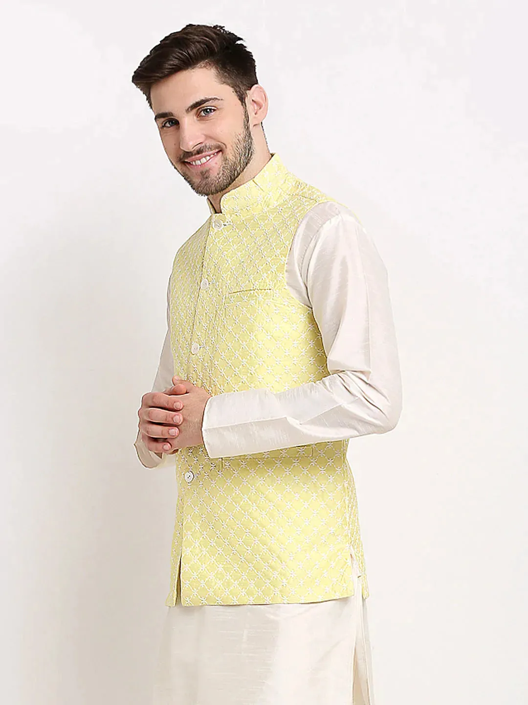 Men'S Yellow Yellow And White Embroidered Nehru Jacket