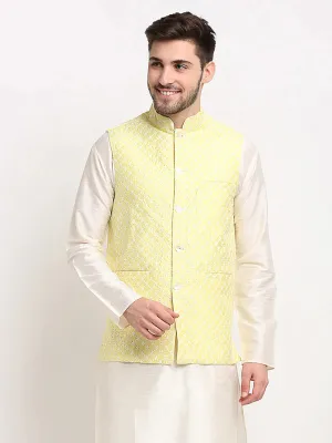 Men'S Yellow Yellow And White Embroidered Nehru Jacket