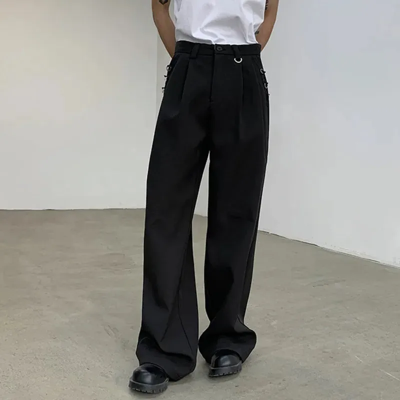 Metal Design Suit Pants Straight Wide Leg Men Loose Wide Leg Casual Spring Korean Fashion Male Trousers 9C5073