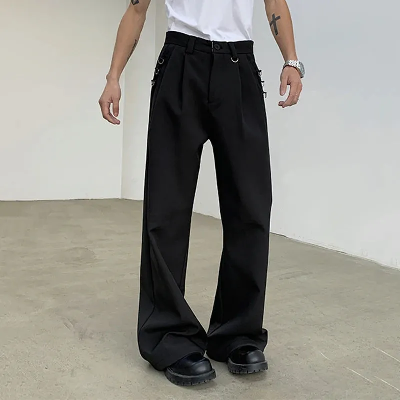 Metal Design Suit Pants Straight Wide Leg Men Loose Wide Leg Casual Spring Korean Fashion Male Trousers 9C5073